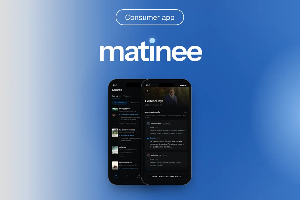 Matinee: the logo above two phones showing the watchlist and published before-and-after notes on a film page